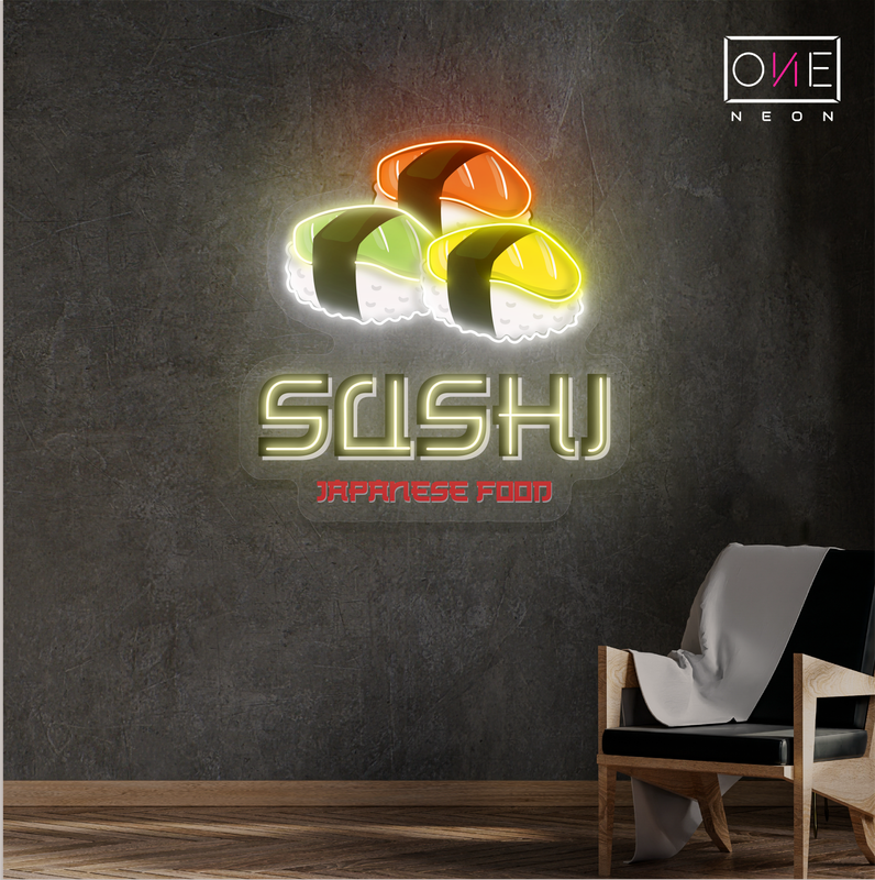 Panneau néon à LED représentant une œuvre d'art culinaire japonaise avec sushi