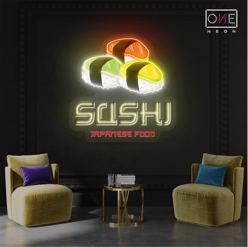 Panneau néon à LED représentant une œuvre d'art culinaire japonaise avec sushi