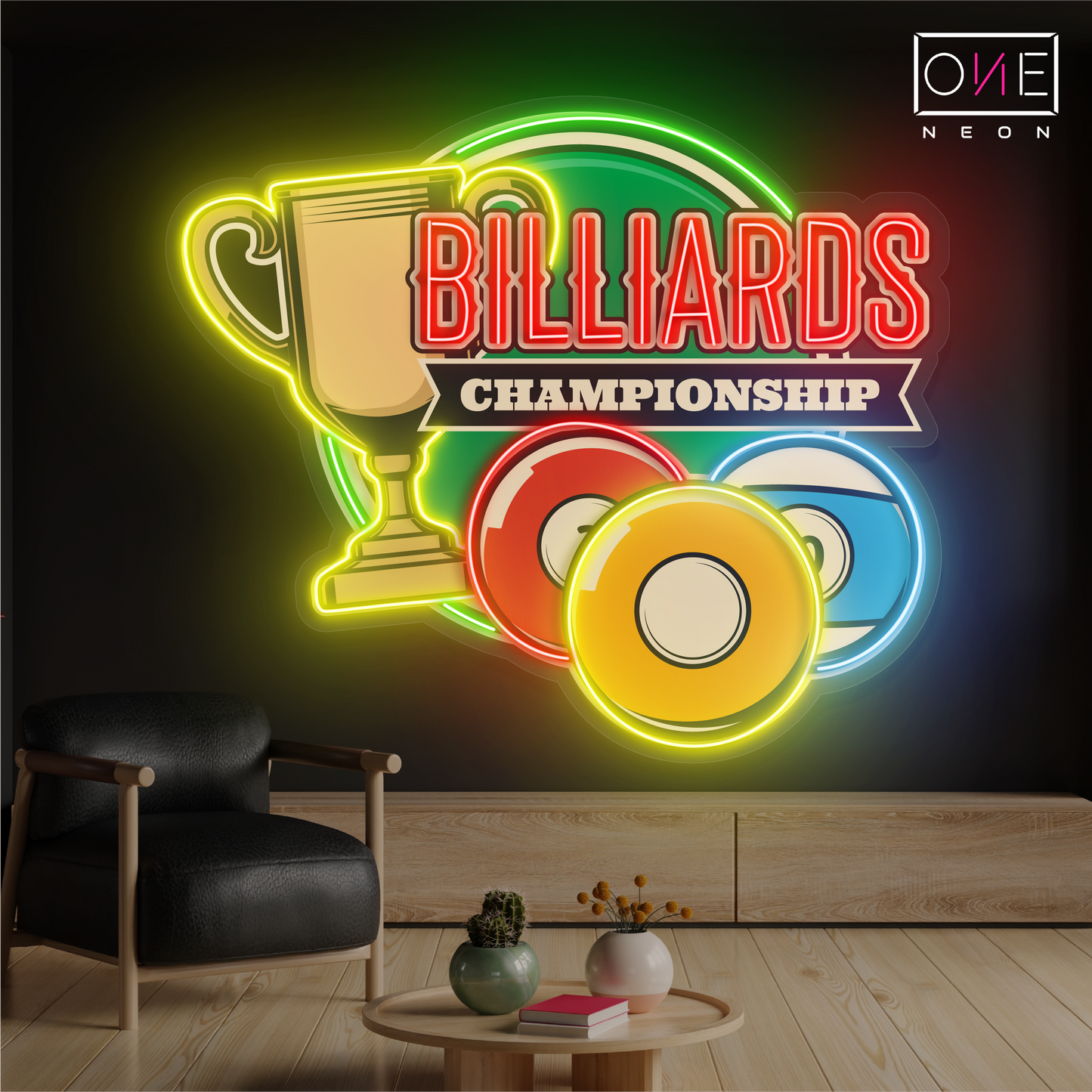 Enseigne au néon à LED avec illustration de championnat de billard