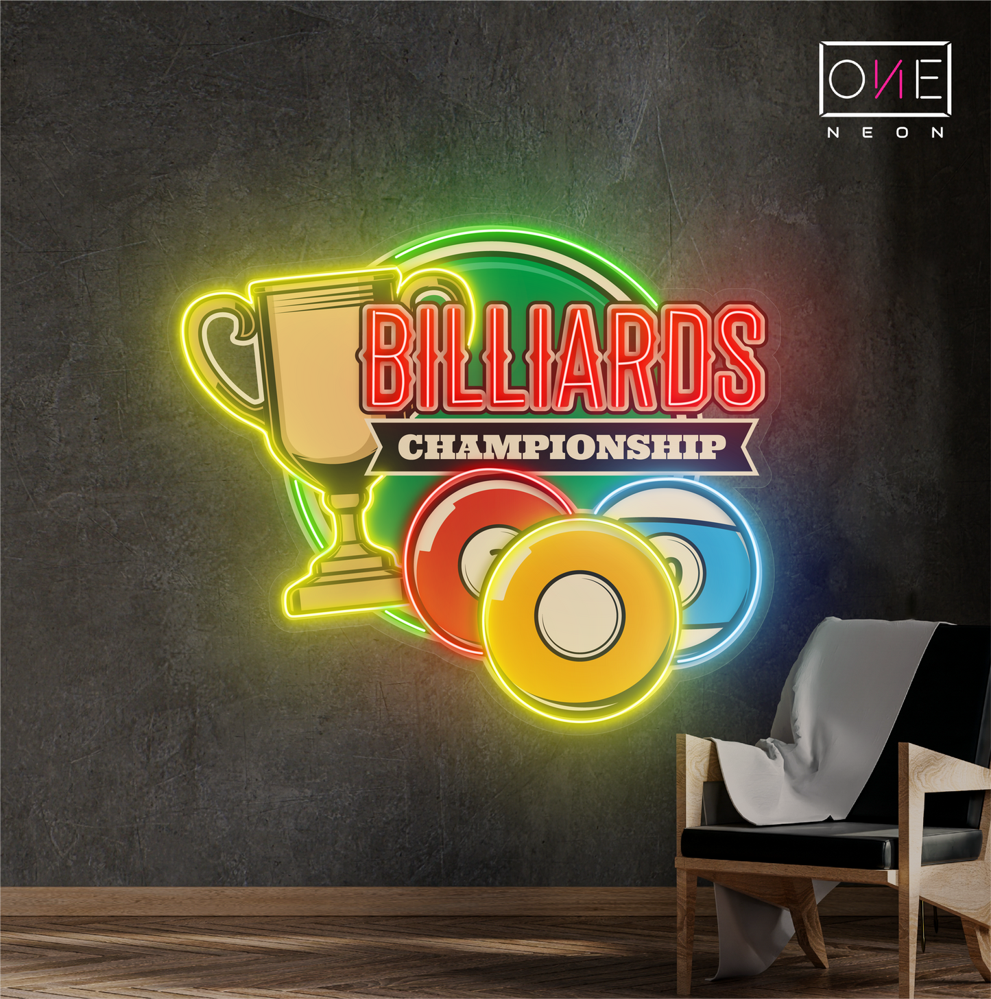 Enseigne au néon à LED avec illustration de championnat de billard