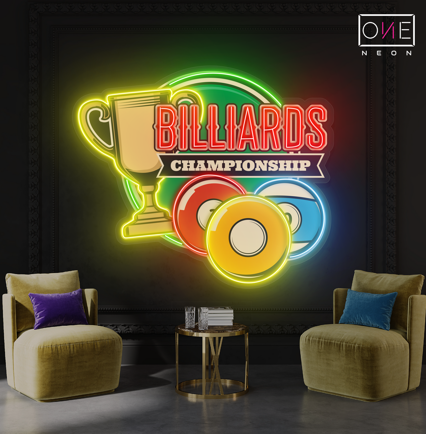 Enseigne au néon à LED avec illustration de championnat de billard