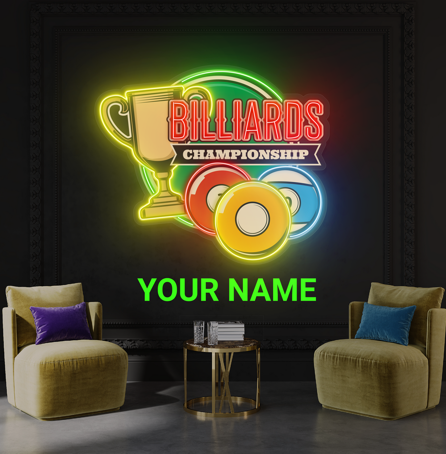 Enseigne au néon à LED avec illustration de championnat de billard