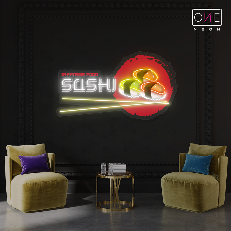 Panneau néon à LED représentant une œuvre d'art représentant des sushis de cuisine japonaise