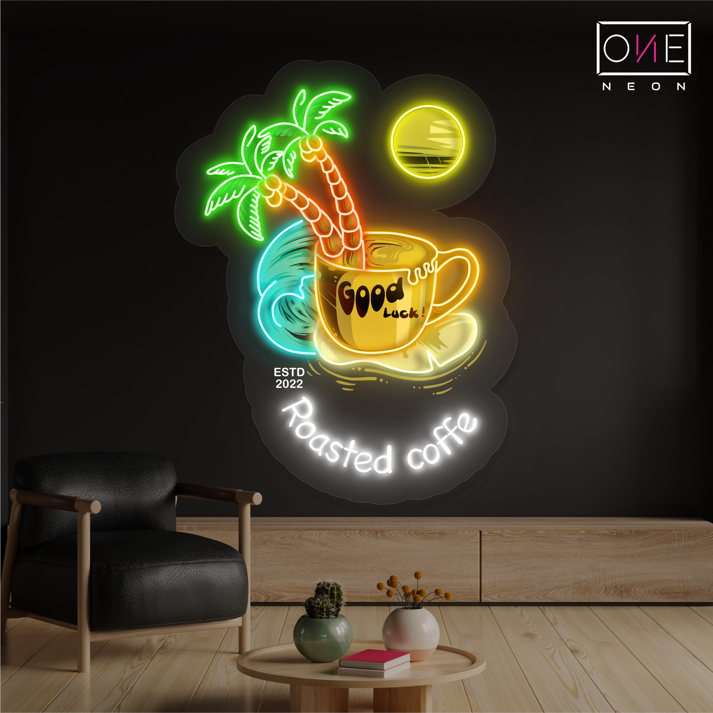Panneau néon à LED avec illustration de café torréfié