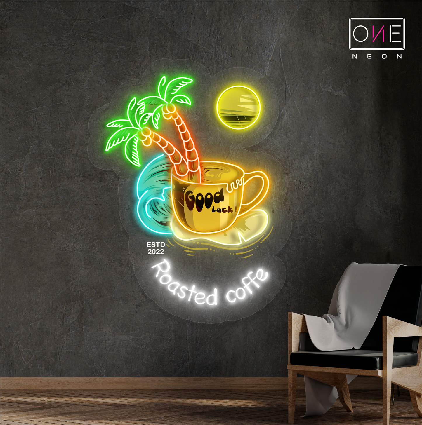 Panneau néon à LED avec illustration de café torréfié