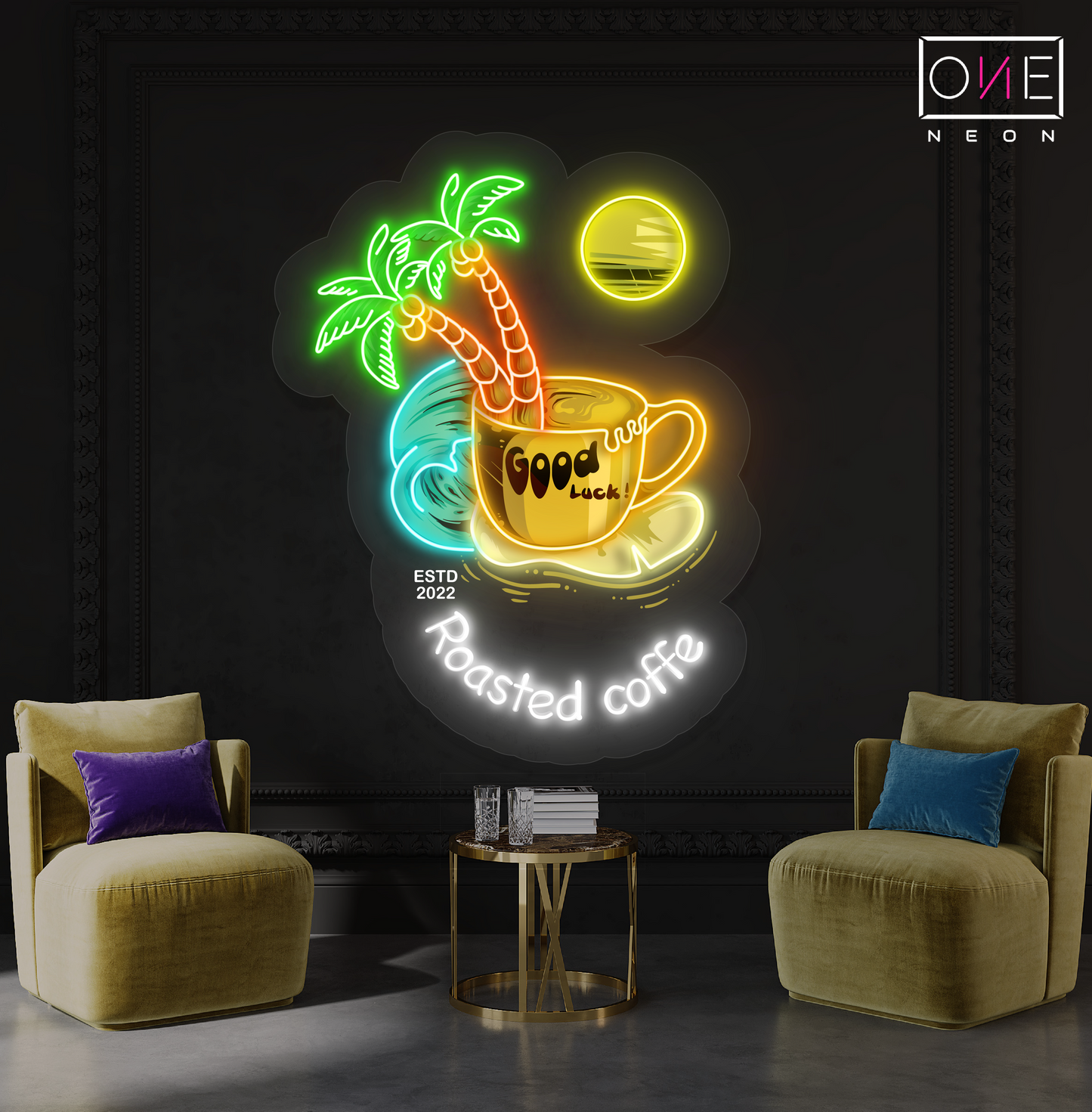 Panneau néon à LED avec illustration de café torréfié