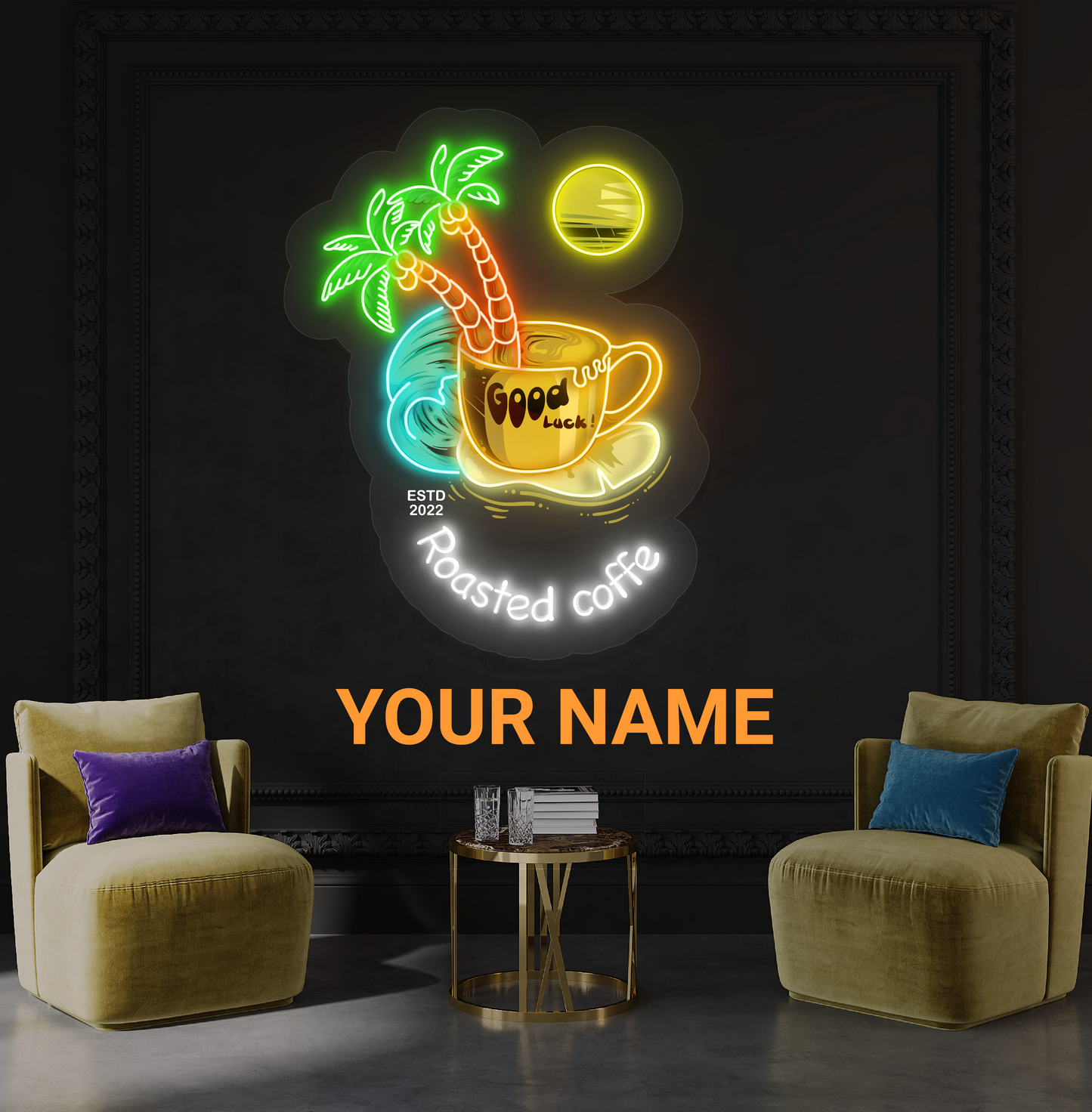 Panneau néon à LED avec illustration de café torréfié