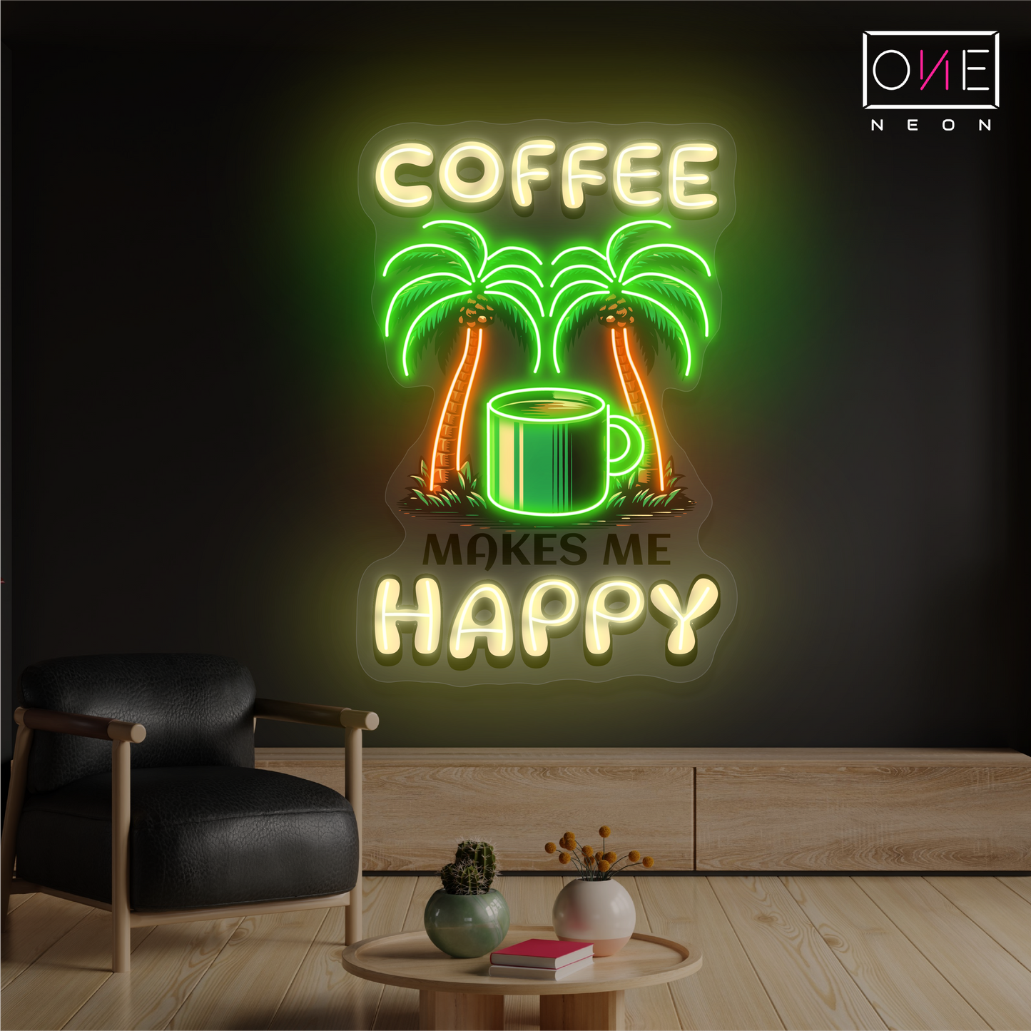 Panneau néon à LED avec illustration de café heureux