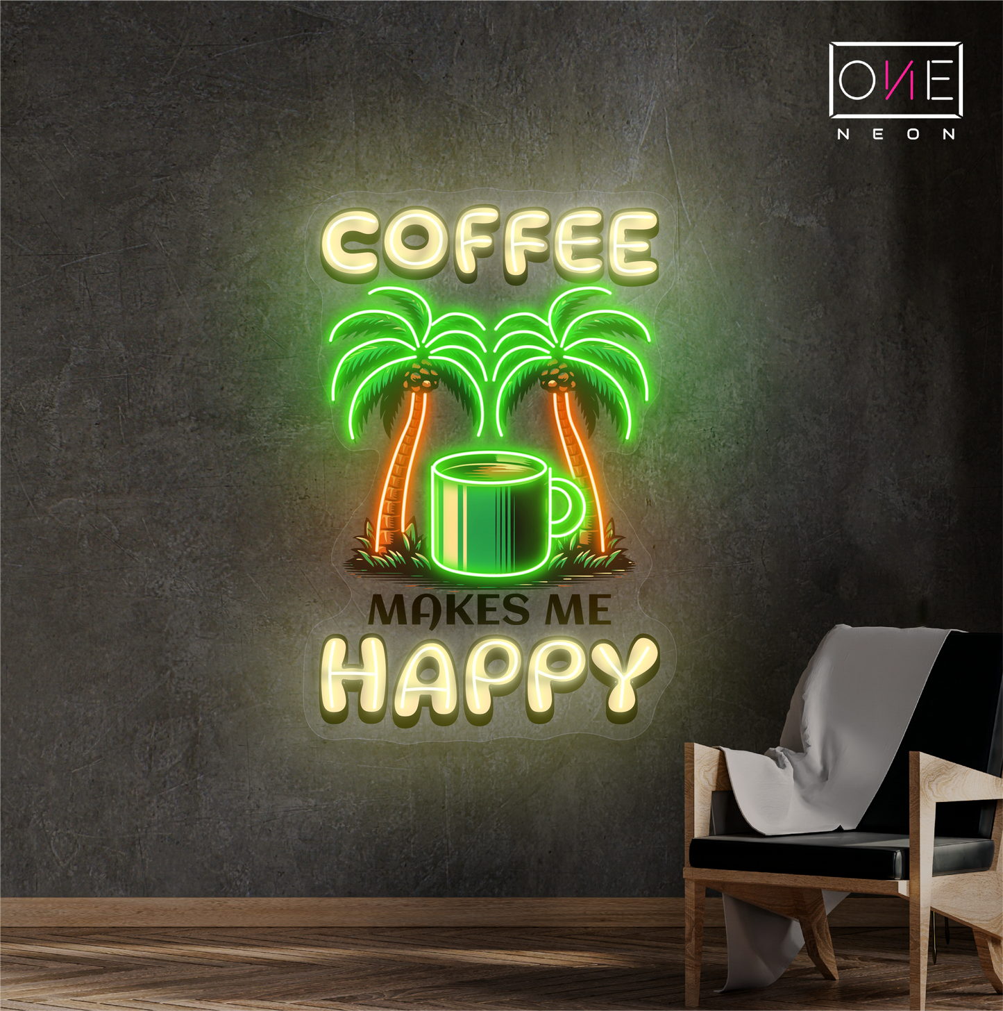 Panneau néon à LED avec illustration de café heureux