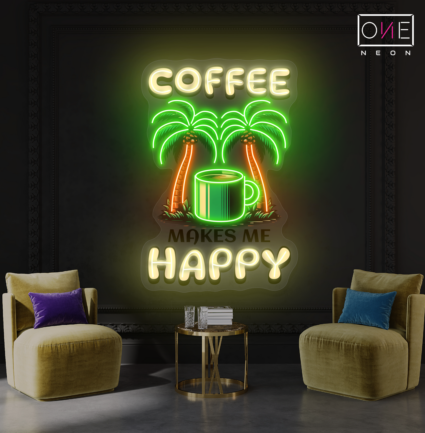 Panneau néon à LED avec illustration de café heureux