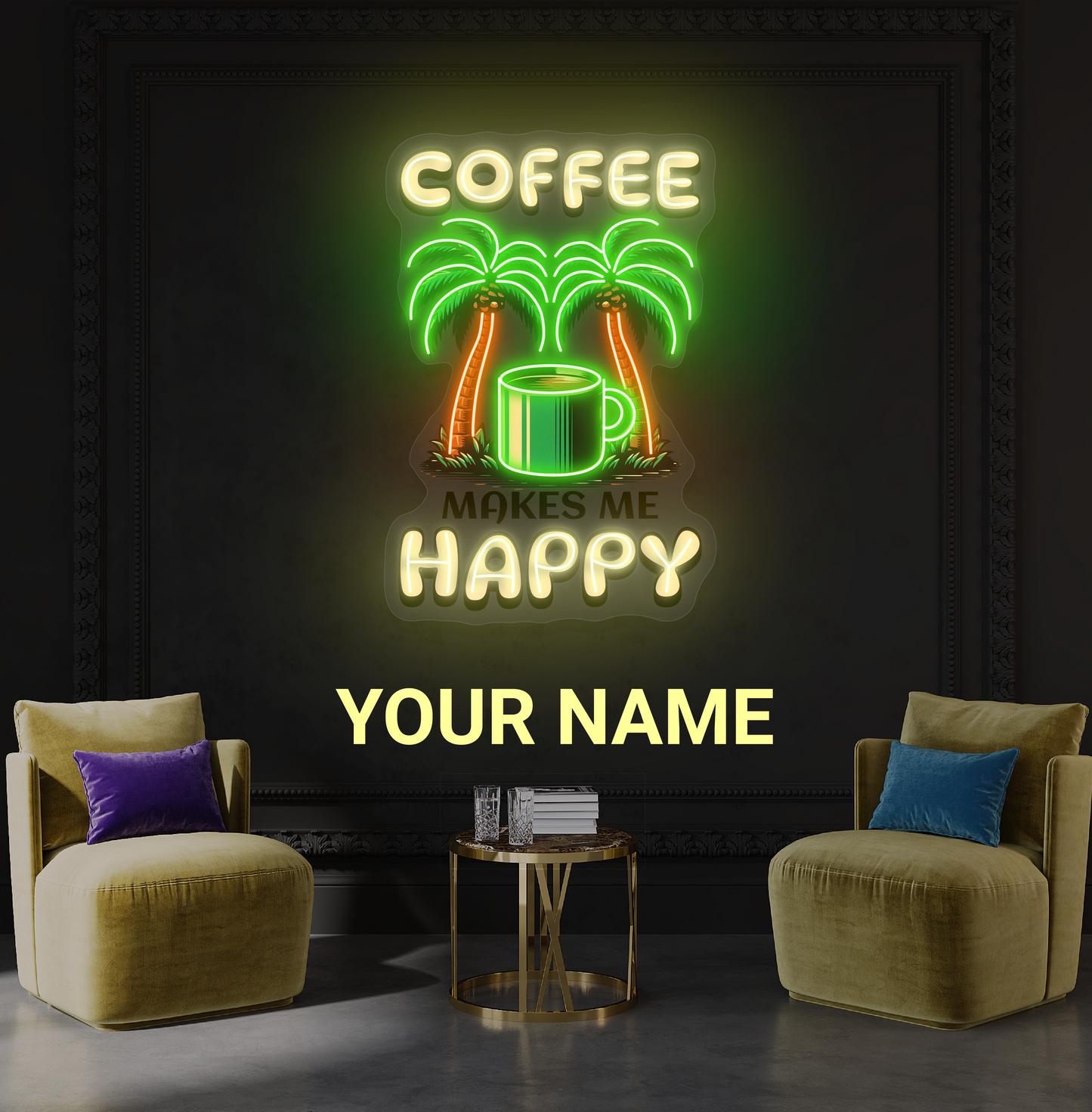 Panneau néon à LED avec illustration de café heureux