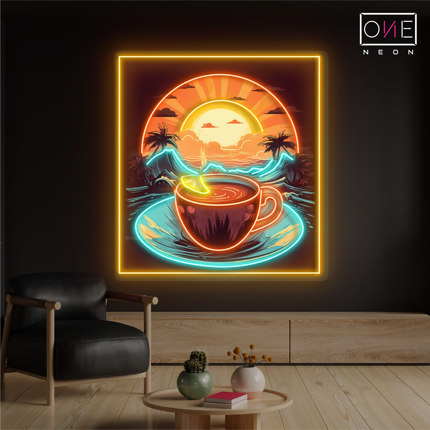 Panneau néon à LED avec illustration de café au lever du soleil tropical