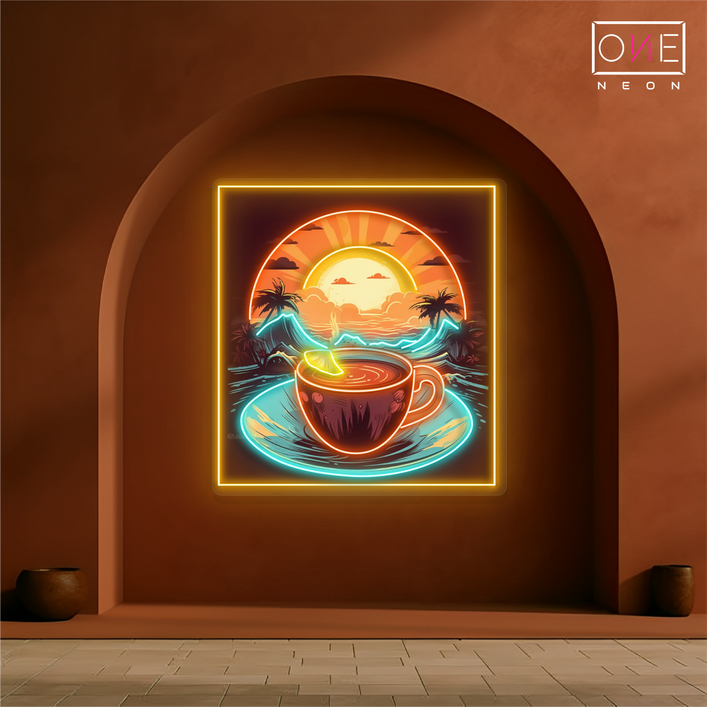 Panneau néon à LED avec illustration de café au lever du soleil tropical