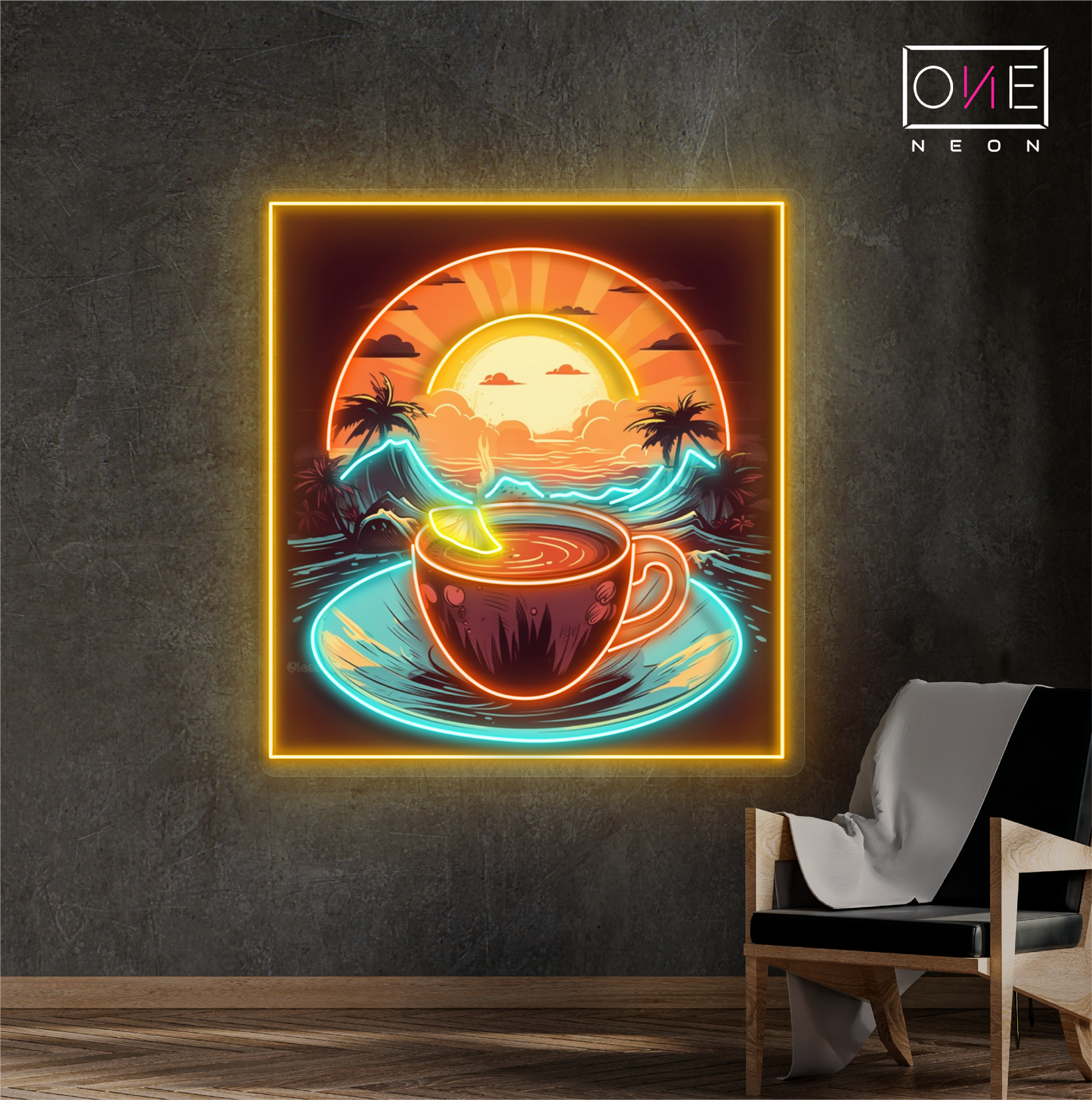 Panneau néon à LED avec illustration de café au lever du soleil tropical