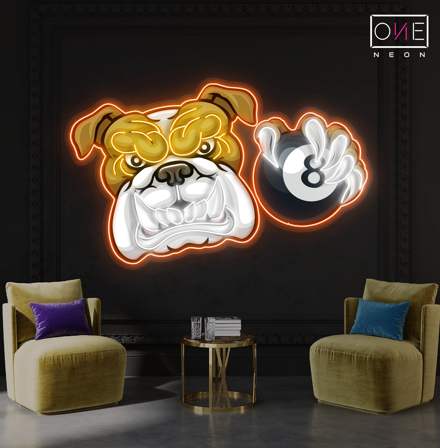 Panneau néon à LED avec illustration de bouledogue à 8 boules