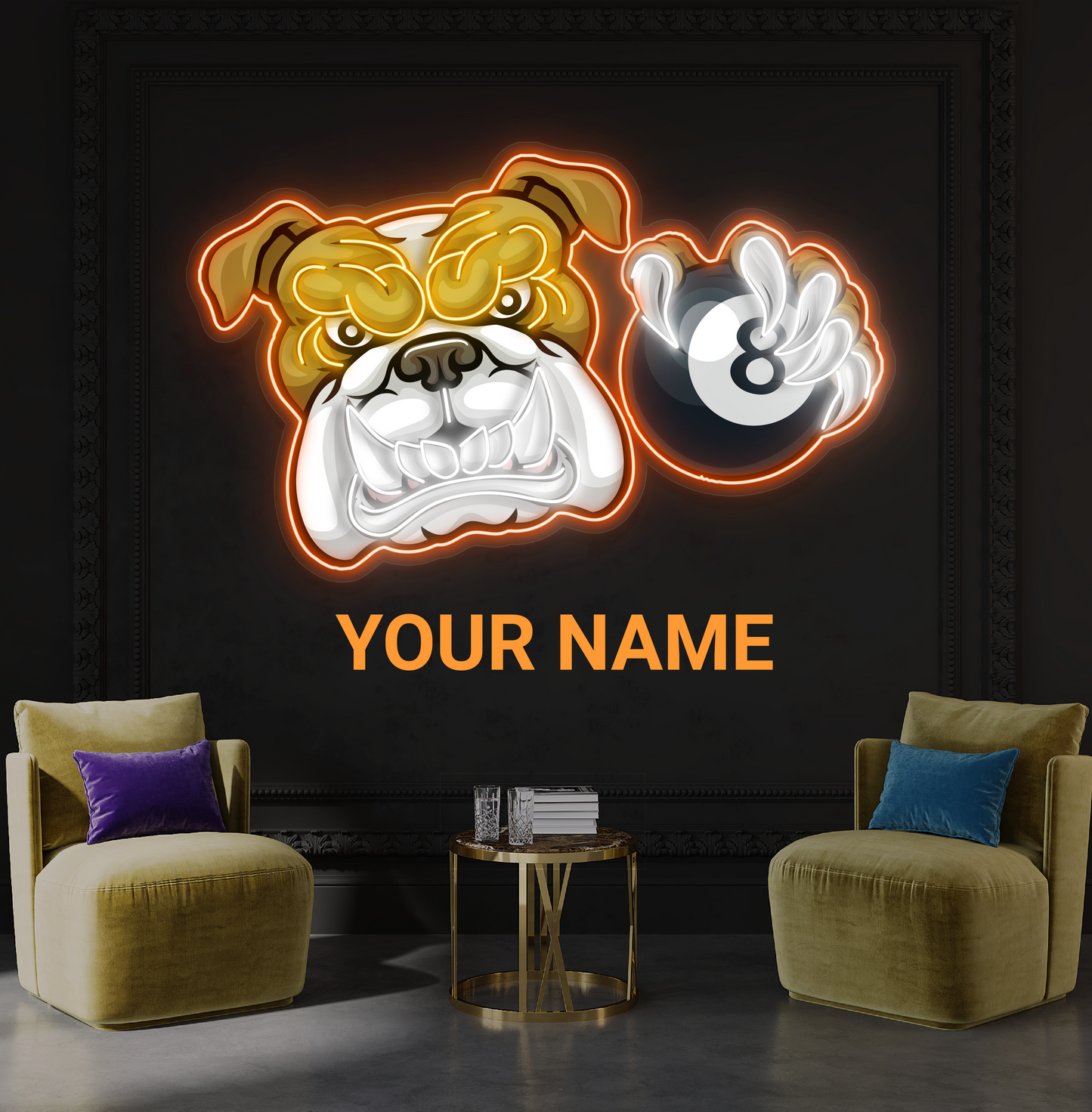 Panneau néon à LED avec illustration de bouledogue à 8 boules