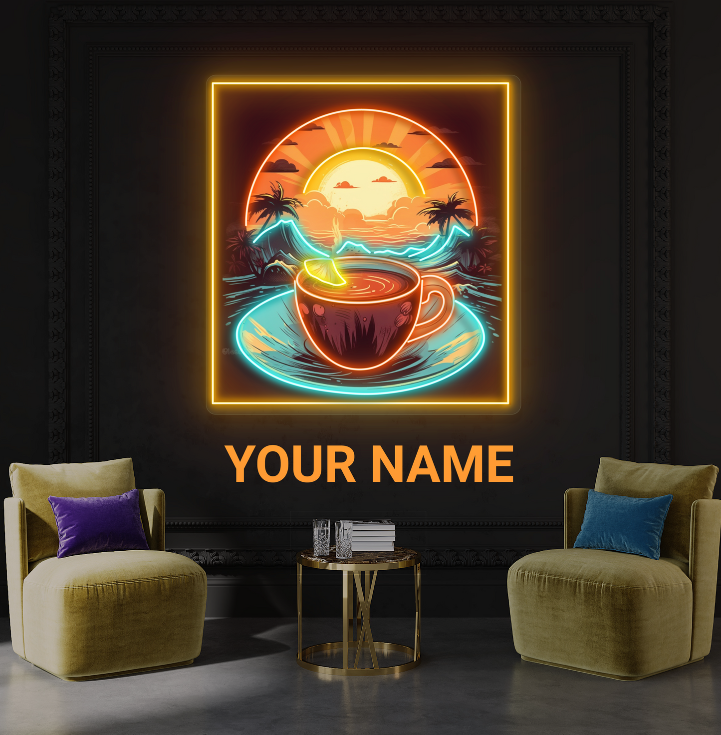Panneau néon à LED avec illustration de café au lever du soleil tropical