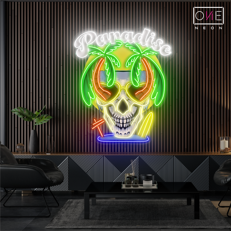 Enseigne au néon à LED avec illustration de crâne paradisiaque