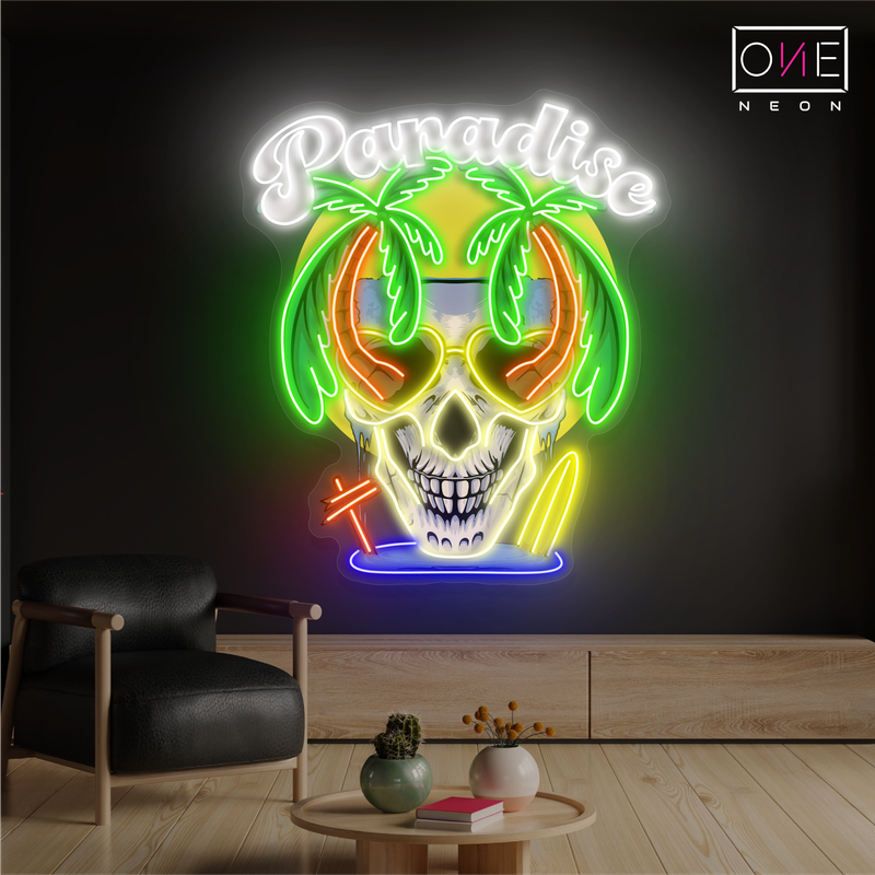 Enseigne au néon à LED avec illustration de crâne paradisiaque