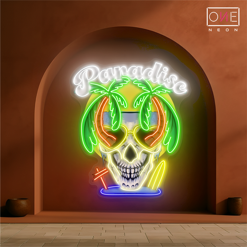 Enseigne au néon à LED avec illustration de crâne paradisiaque