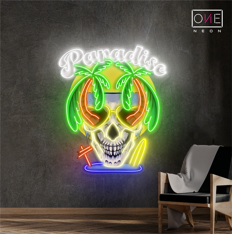 Enseigne au néon à LED avec illustration de crâne paradisiaque
