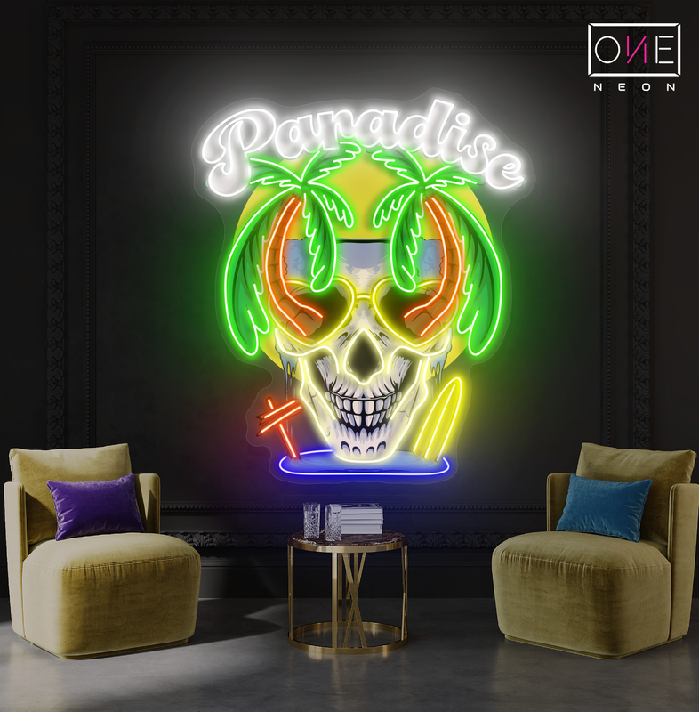 Enseigne au néon à LED avec illustration de crâne paradisiaque