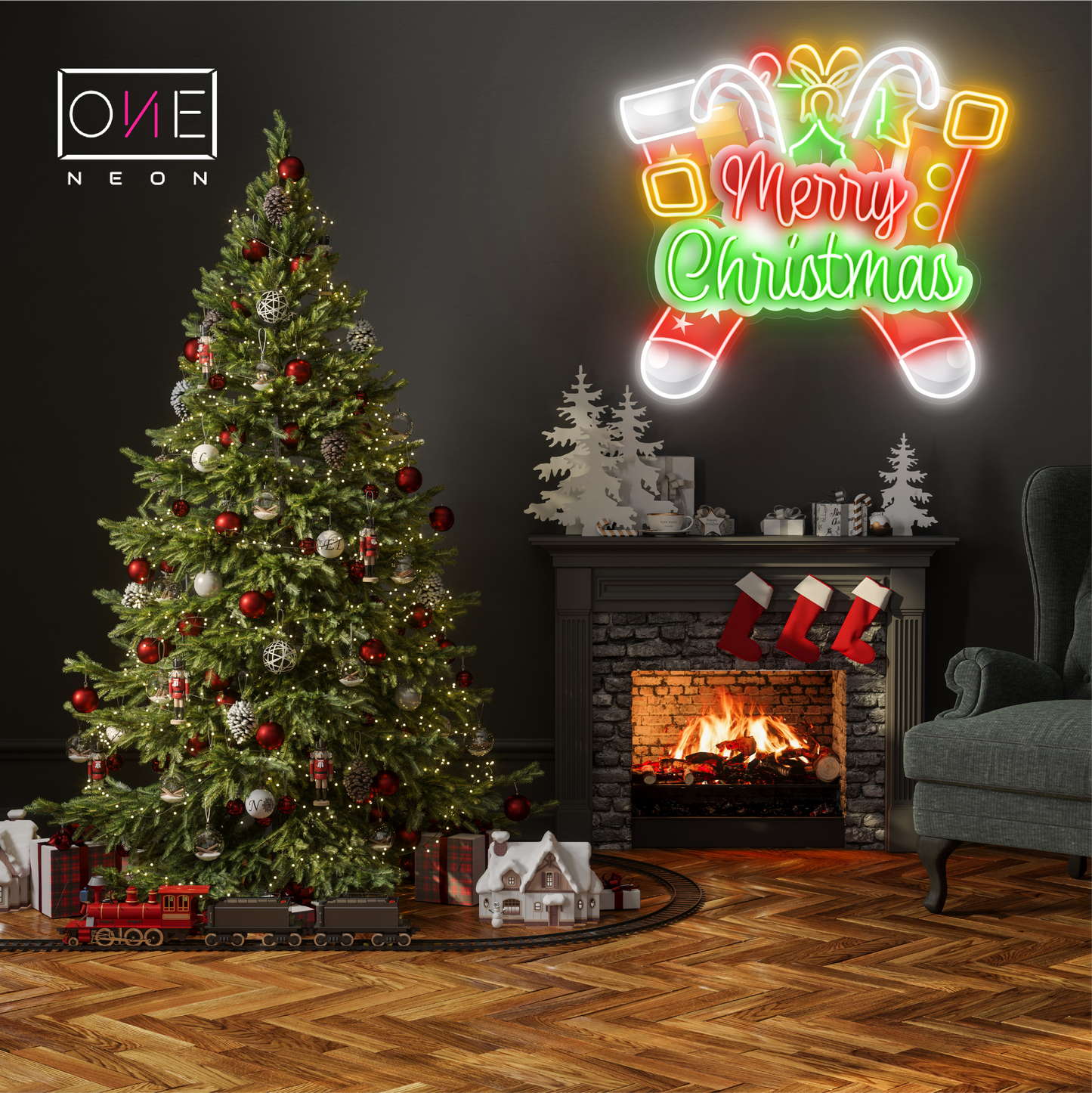 Panneau néon à LED avec illustration de bas de Noël