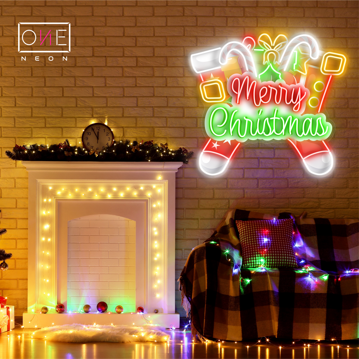 Panneau néon à LED avec illustration de bas de Noël
