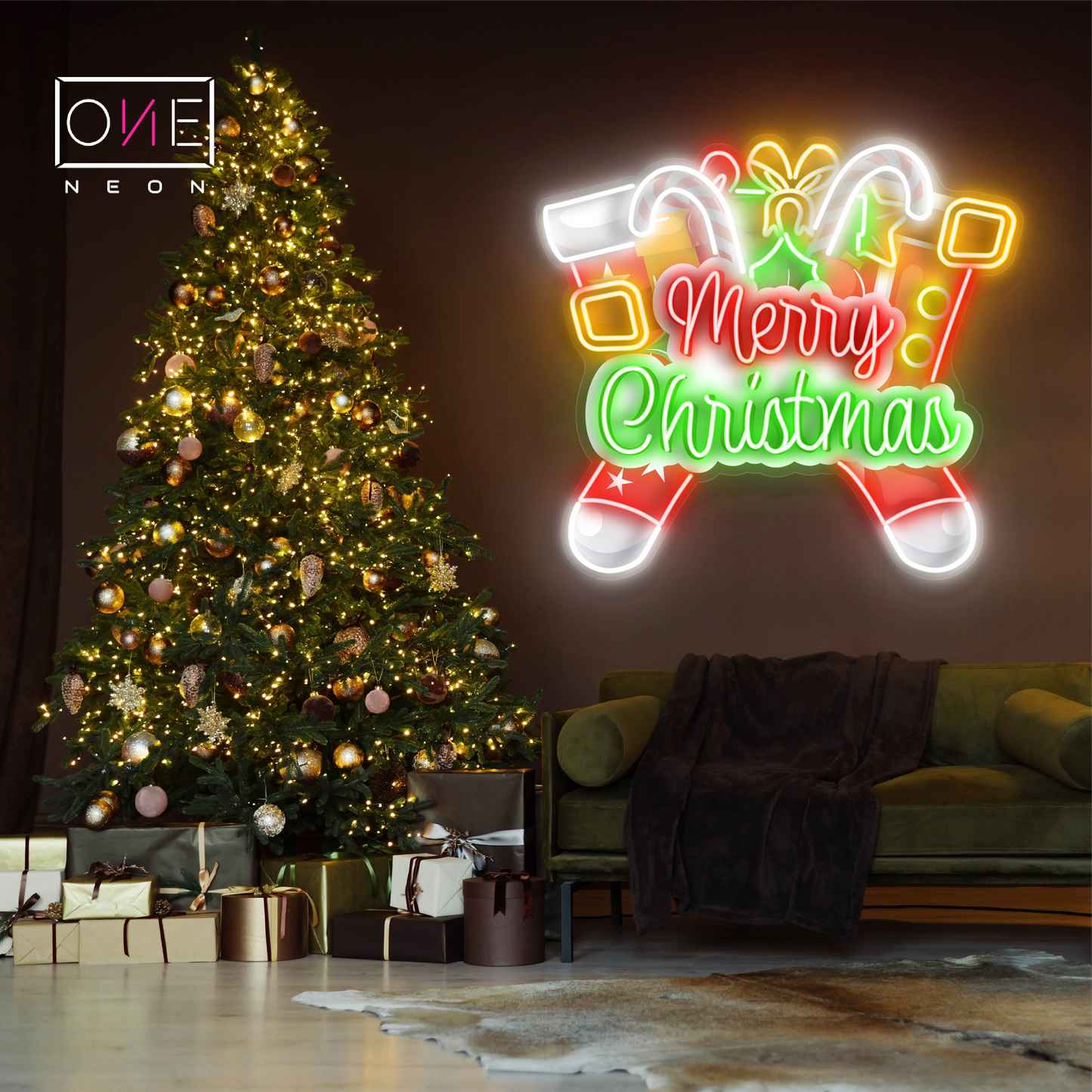 Panneau néon à LED avec illustration de bas de Noël
