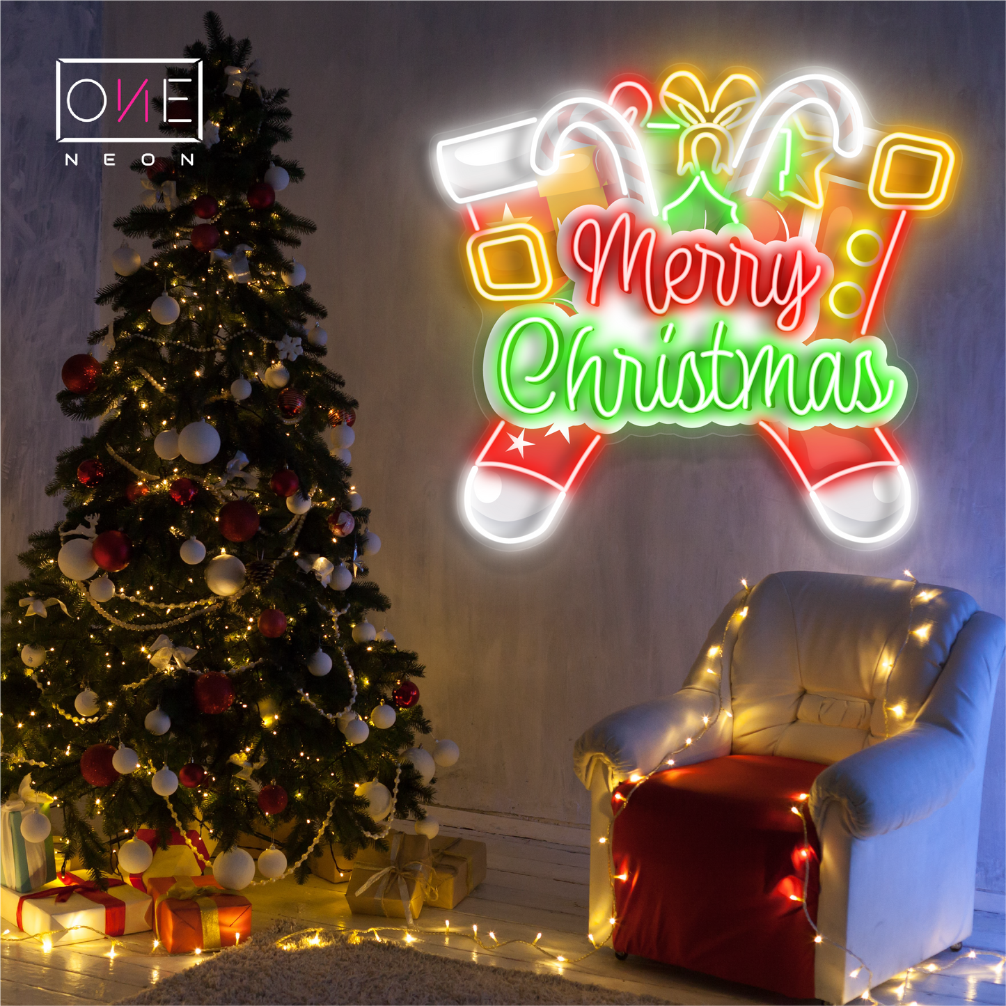 Panneau néon à LED avec illustration de bas de Noël