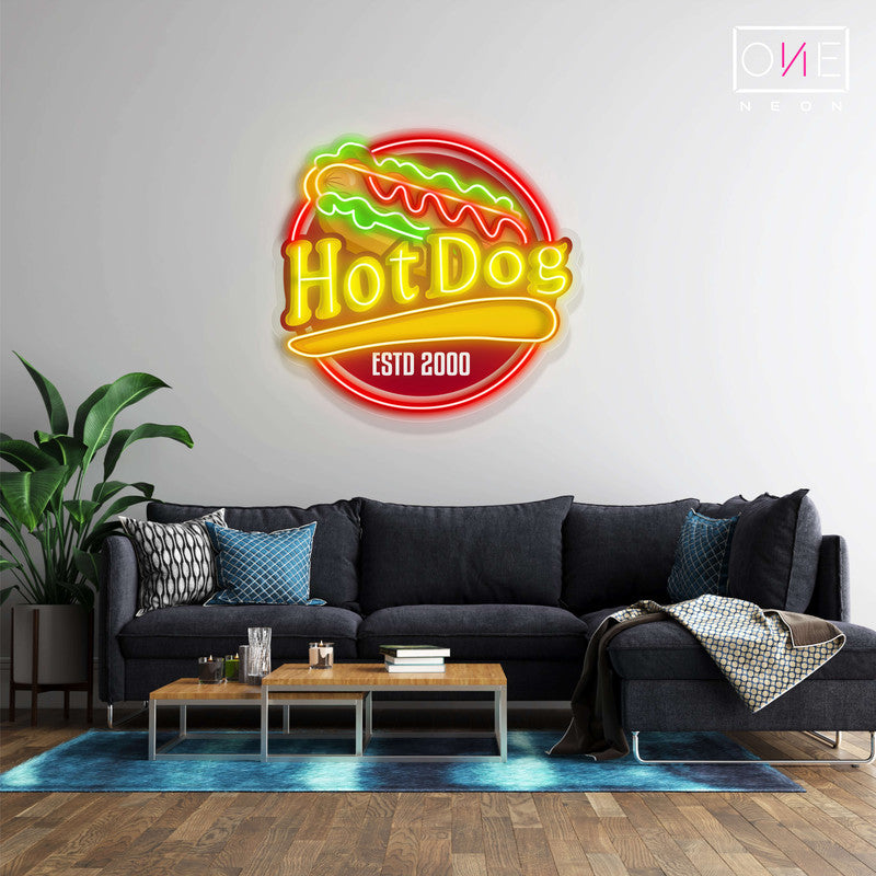 Enseigne au néon à LED avec illustration de hot-dog