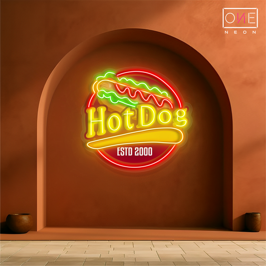 Enseigne au néon à LED avec illustration de hot-dog