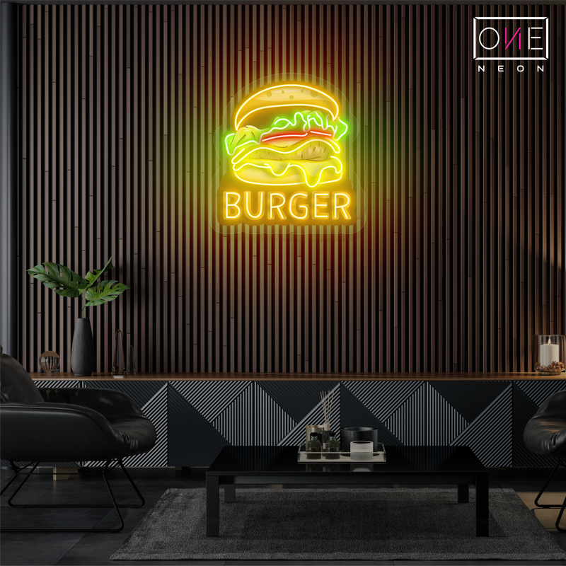 Panneau néon LED avec illustration de hamburger