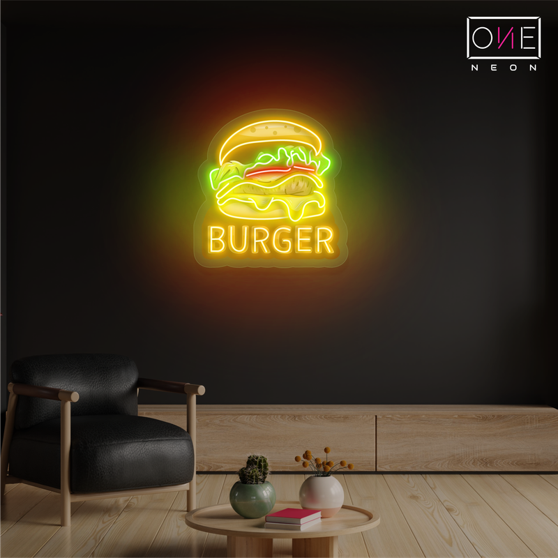 Panneau néon LED avec illustration de hamburger