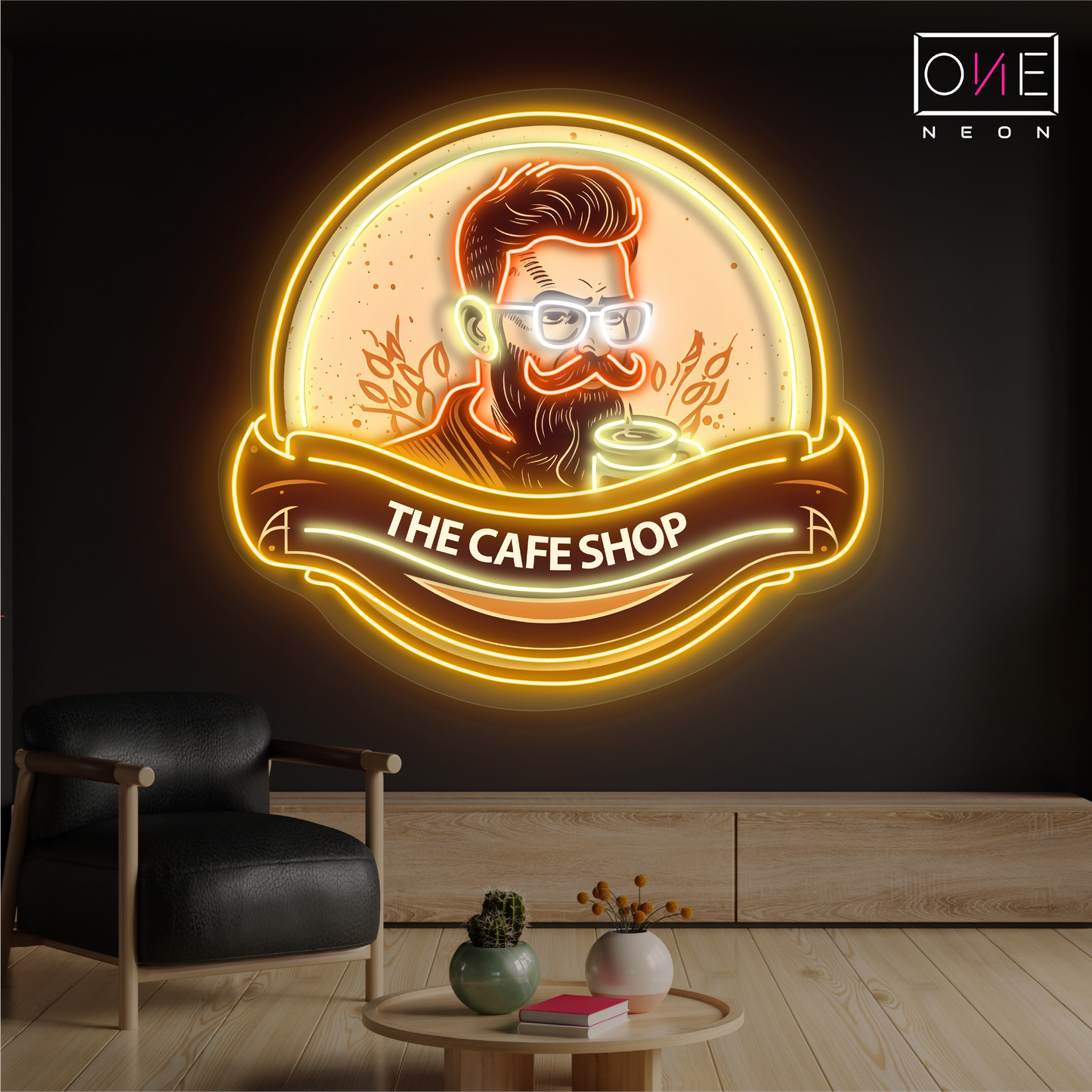 Enseigne au néon à LED avec illustration de café hipster