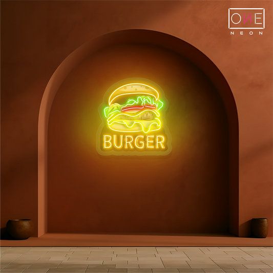 Panneau néon LED avec illustration de hamburger