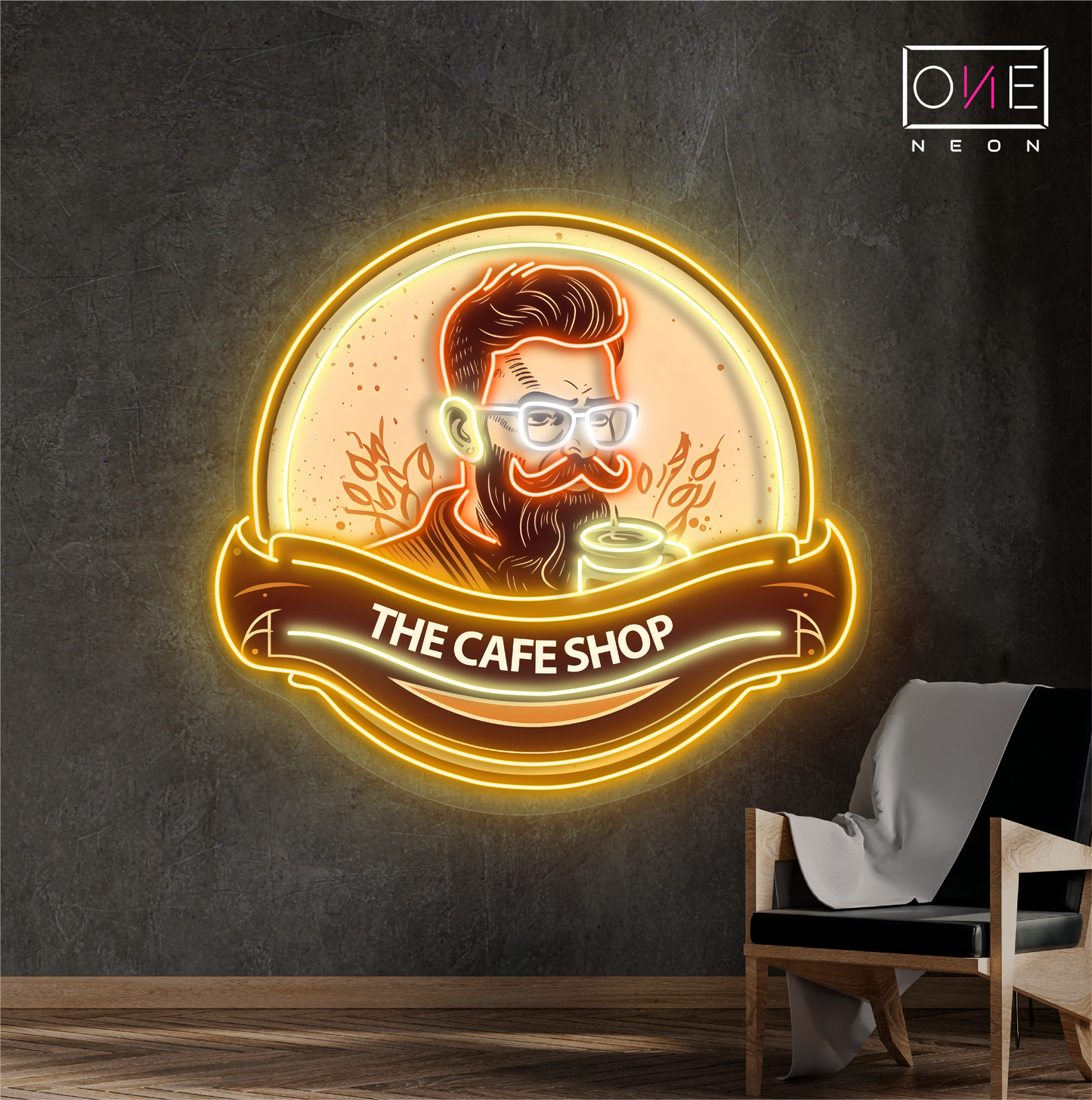 Enseigne au néon à LED avec illustration de café hipster