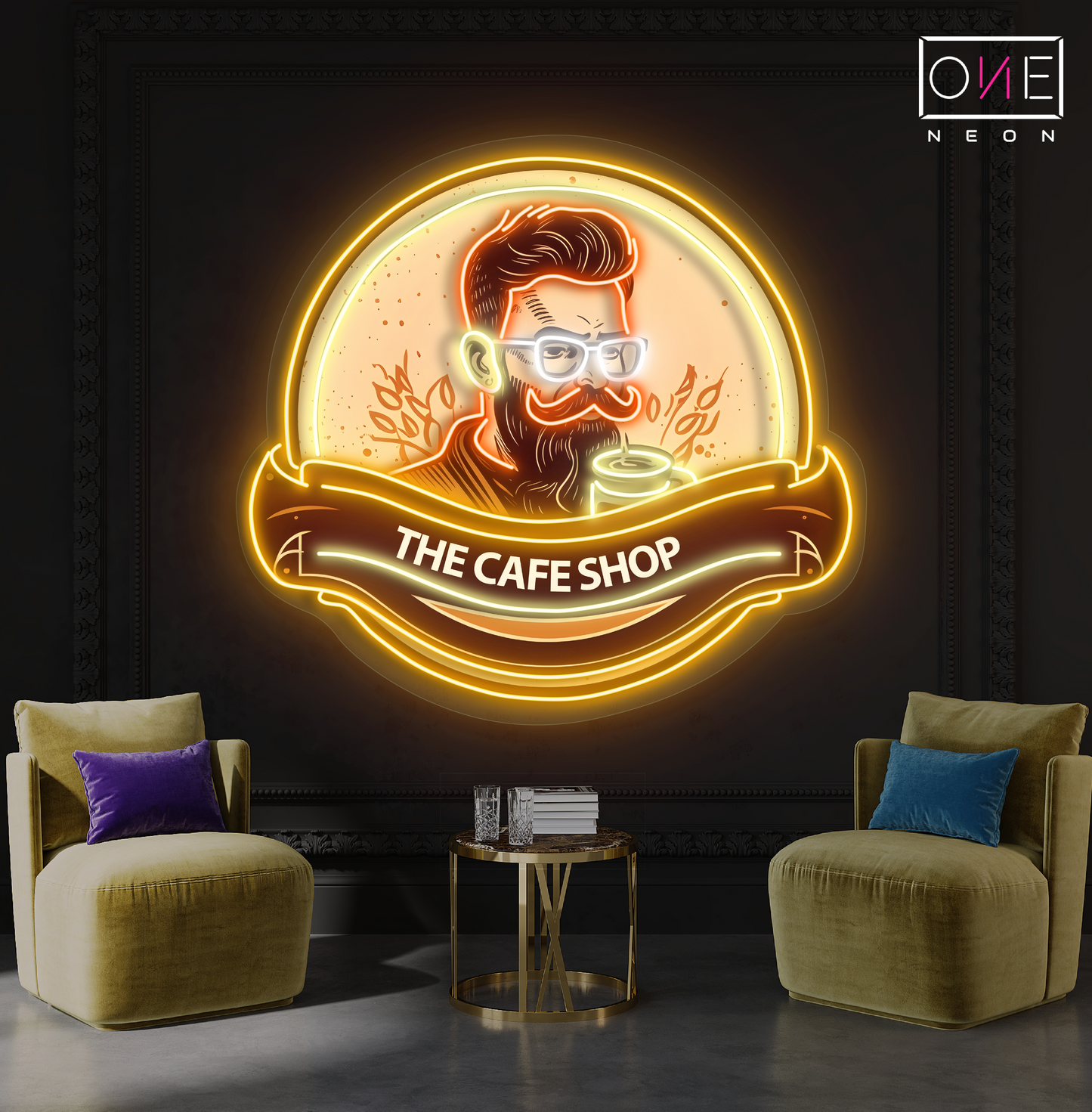 Enseigne au néon à LED avec illustration de café hipster
