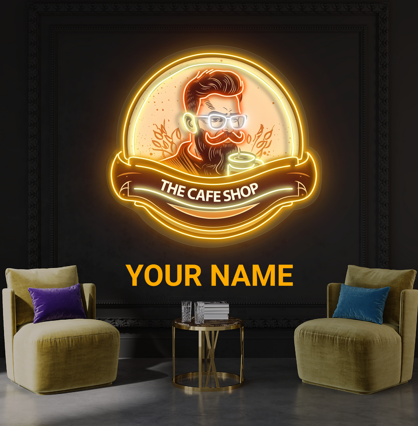 Enseigne au néon à LED avec illustration de café hipster