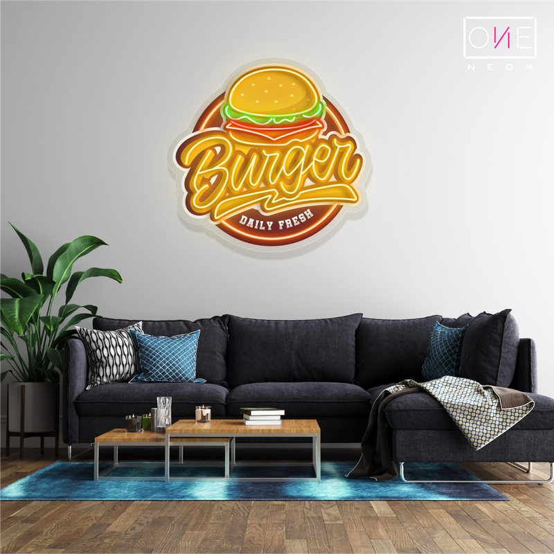 Panneau néon LED avec illustration de hamburger