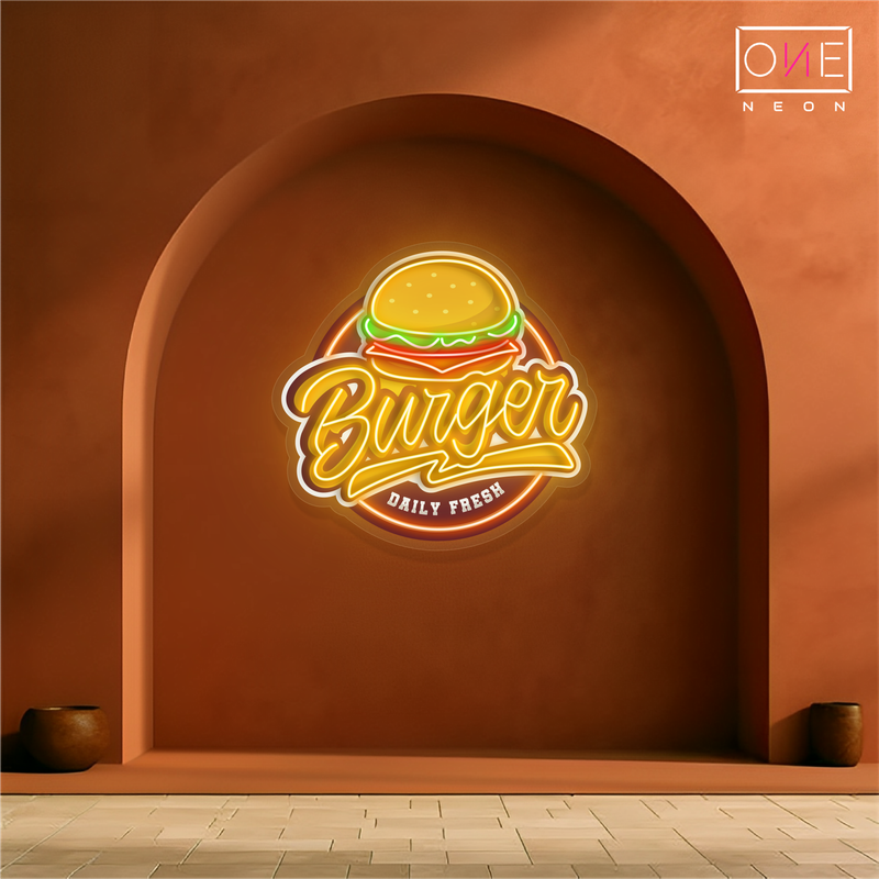 Panneau néon LED avec illustration de hamburger