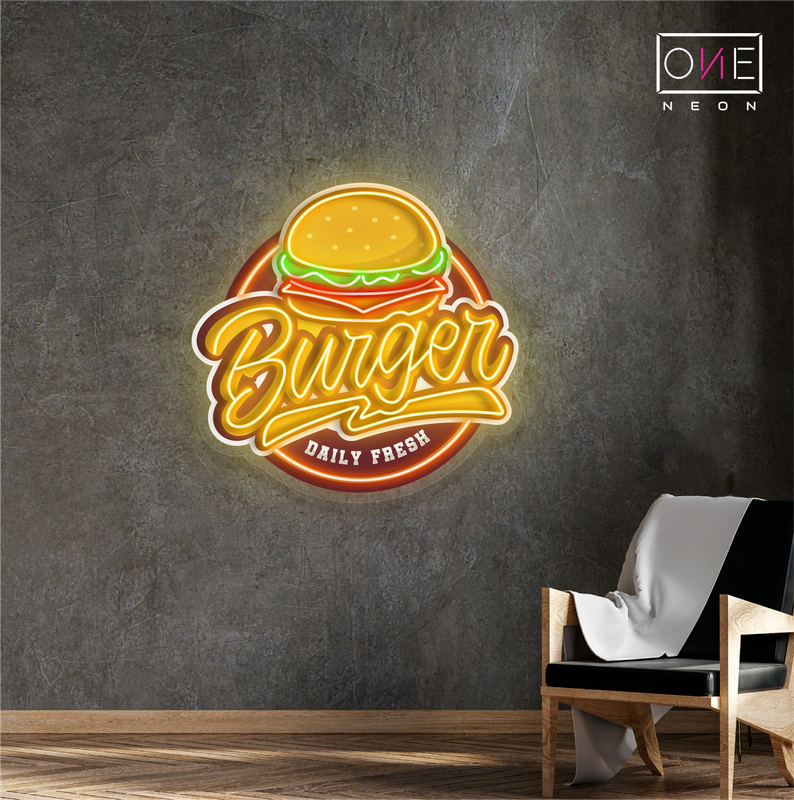 Panneau néon LED avec illustration de hamburger