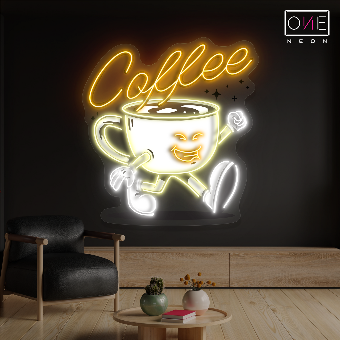 Enseigne au néon à LED avec illustration de tasse de café Happy Cup
