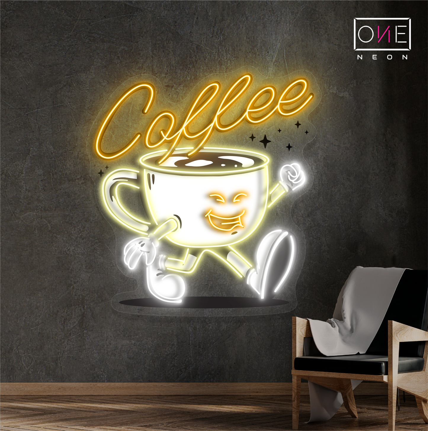Enseigne au néon à LED avec illustration de tasse de café Happy Cup