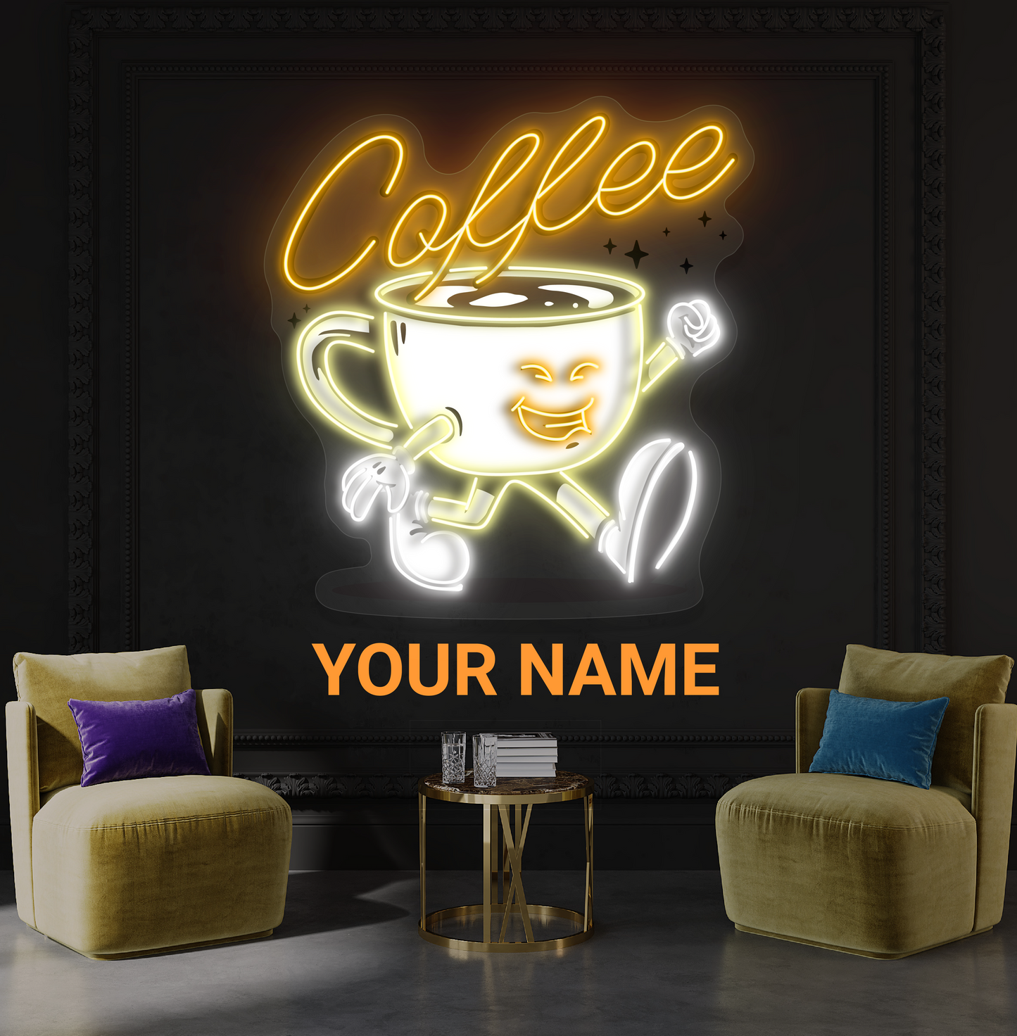 Enseigne au néon à LED avec illustration de tasse de café Happy Cup