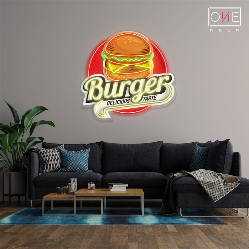 Enseigne au néon à LED avec illustration de délicieux hamburgers