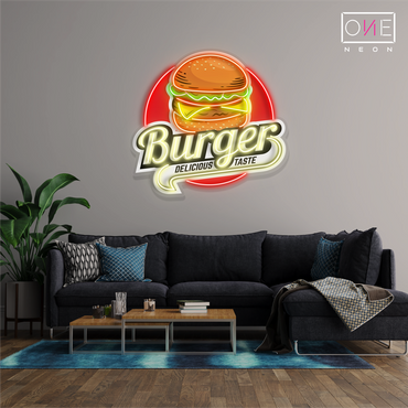 Enseigne au néon à LED avec illustration de délicieux hamburgers