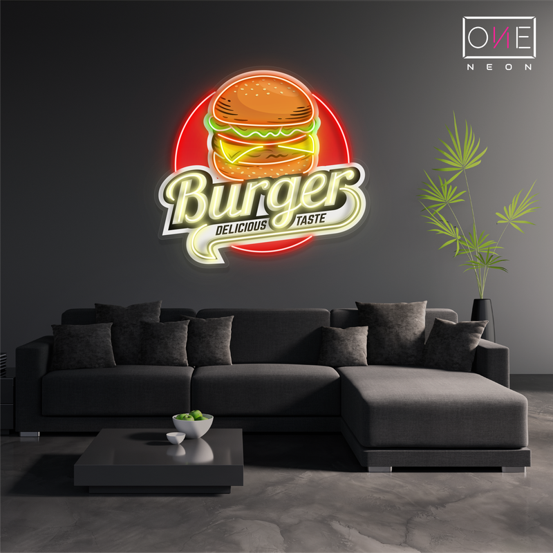 Enseigne au néon à LED avec illustration de délicieux hamburgers
