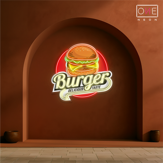 Enseigne au néon à LED avec illustration de délicieux hamburgers