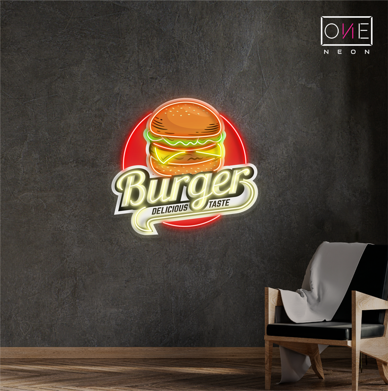 Enseigne au néon à LED avec illustration de délicieux hamburgers